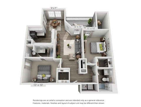 Floor plan for 2 beds, 2 baths, 974 sqft